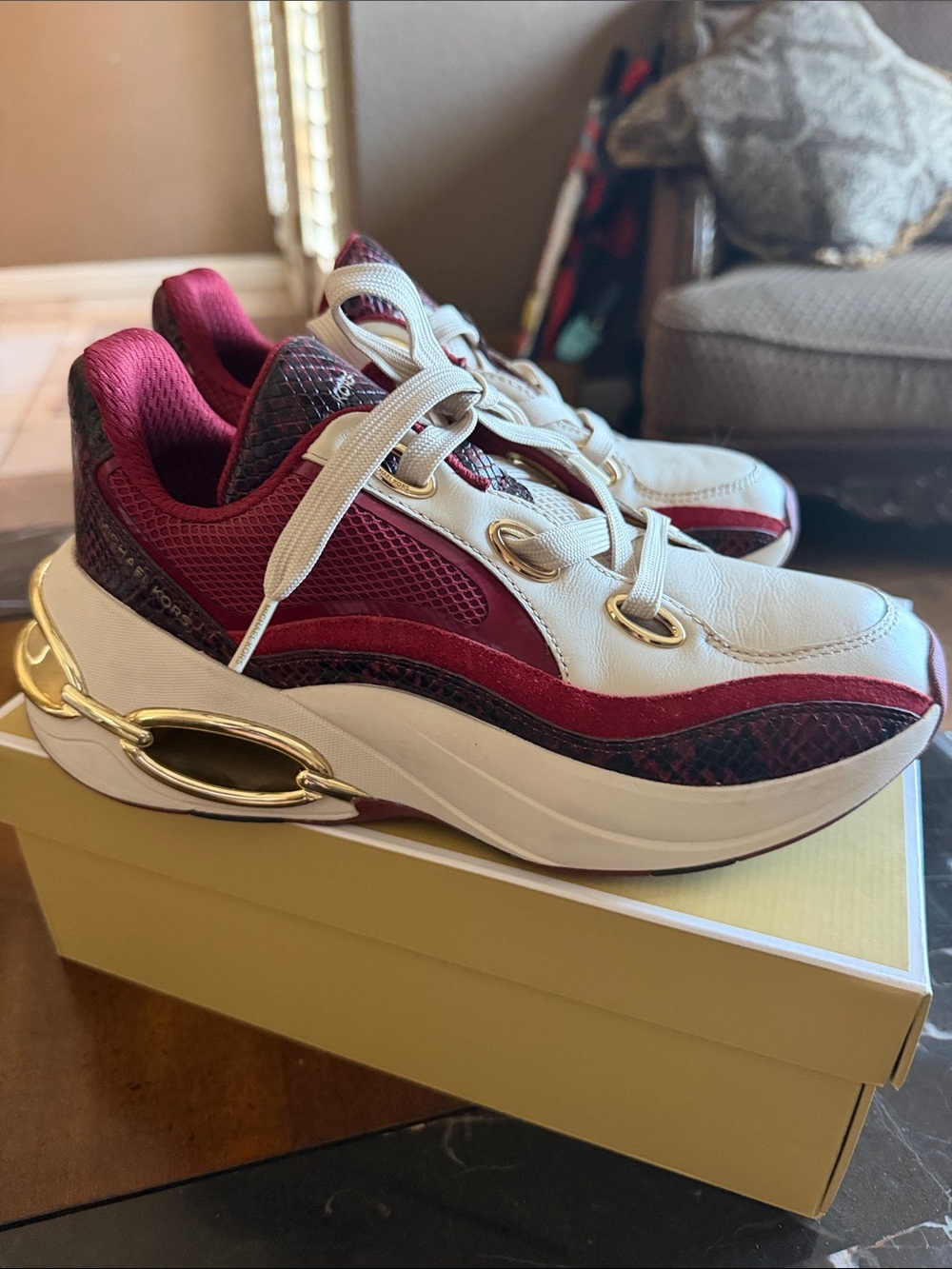Michael Kors White and Burgundy Platform Sneakers with Gold Accent